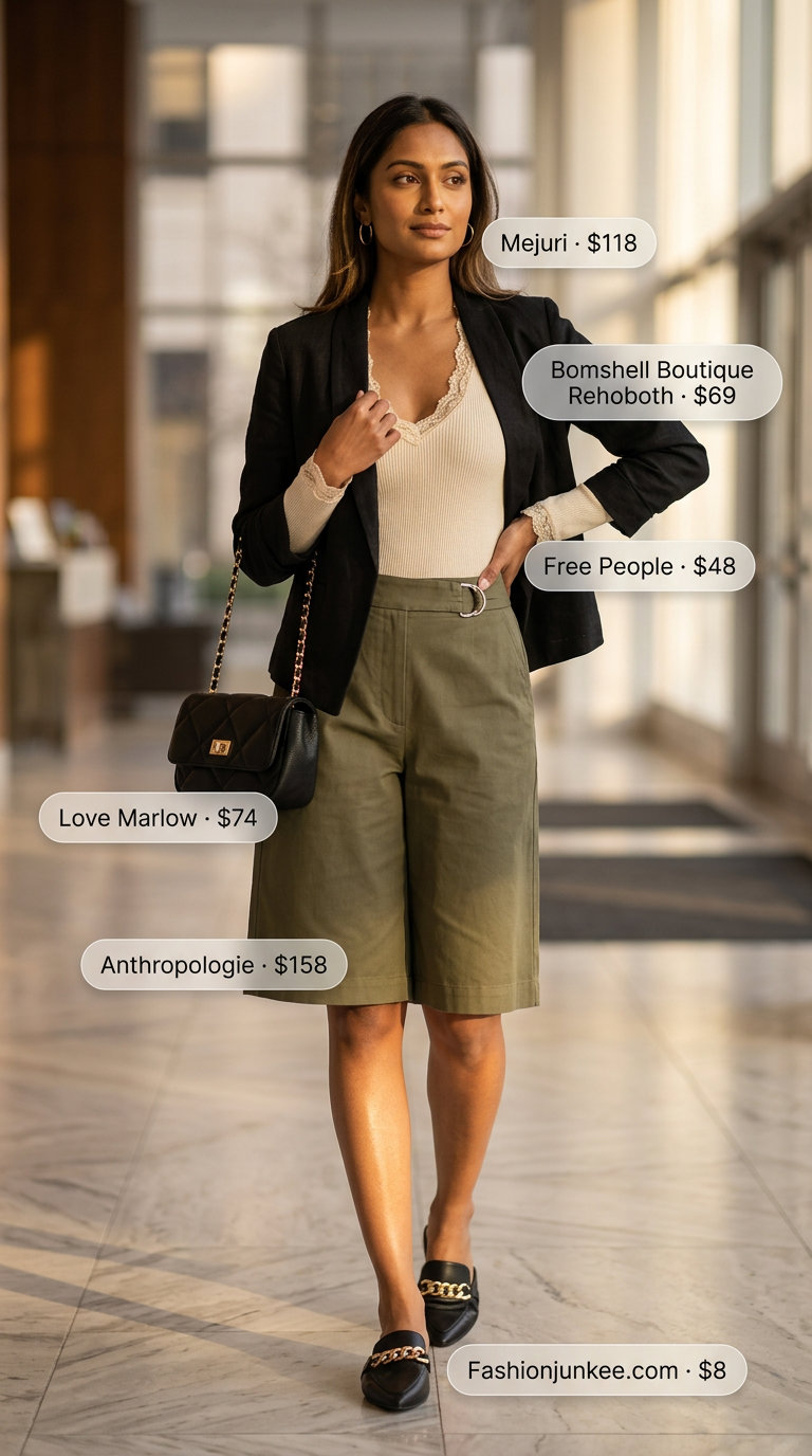 Chic summer office outfits for women 2026: Olive green culottes with cream top and black blazer.
