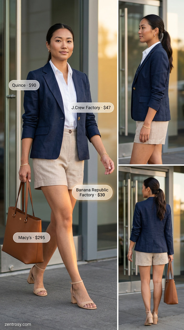 Chic summer office outfits for women 2026: Khaki shorts, white blouse, navy blazer, and block heel sandals.