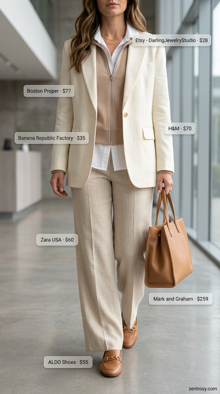Chic summer office outfits for women 2026: Cream linen power suit with white shirt and tan loafers.