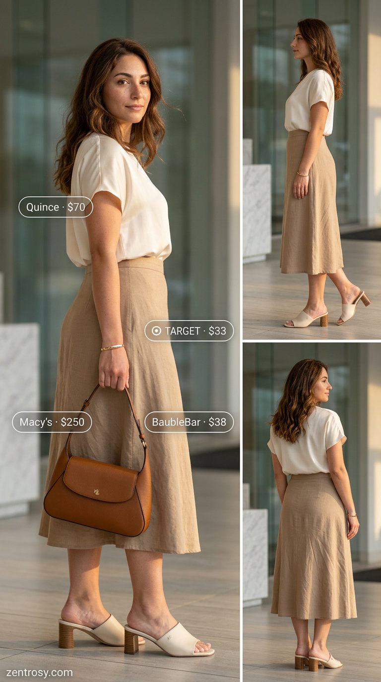 Chic summer office outfit: Beige linen skirt, ivory silk blouse, gold jewelry, nude mules.