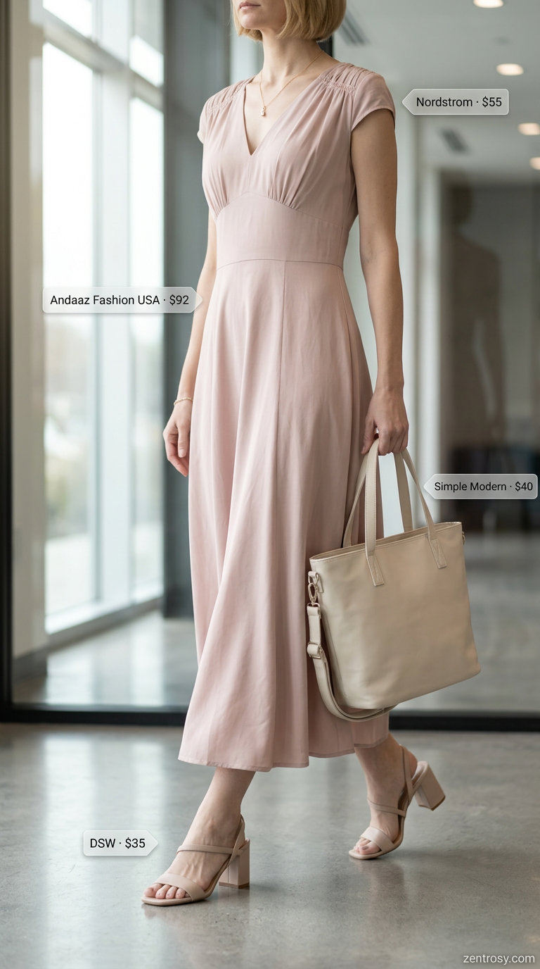 Chic summer office outfit: Blush pink midi dress, cream tote, gold necklace, nude sandals.