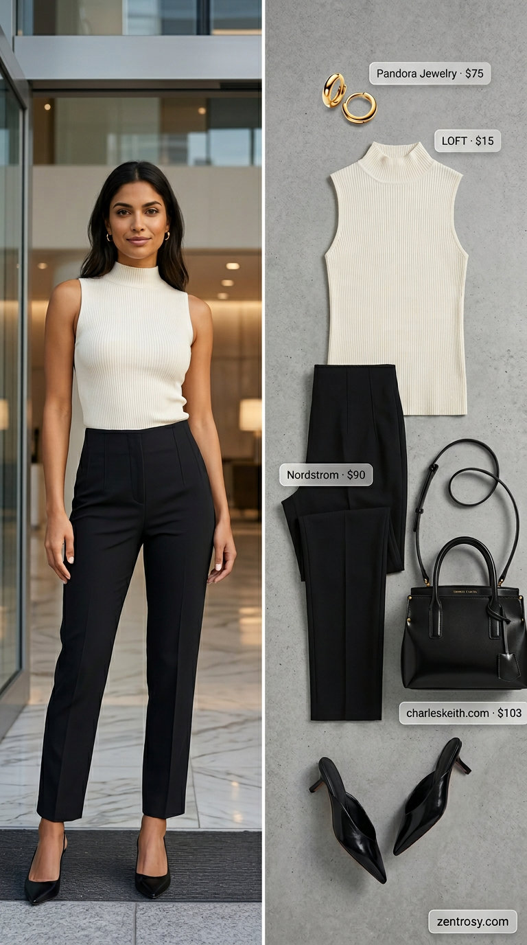 Chic summer office outfits for women 2026: Cream mock neck top with black tailored pants and kitten heels.
