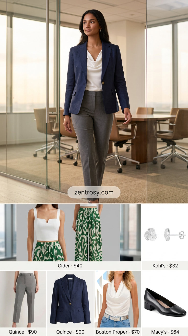 Chic summer office outfits for women 2026: Navy blazer, ivory blouse, charcoal trousers, and black pumps.