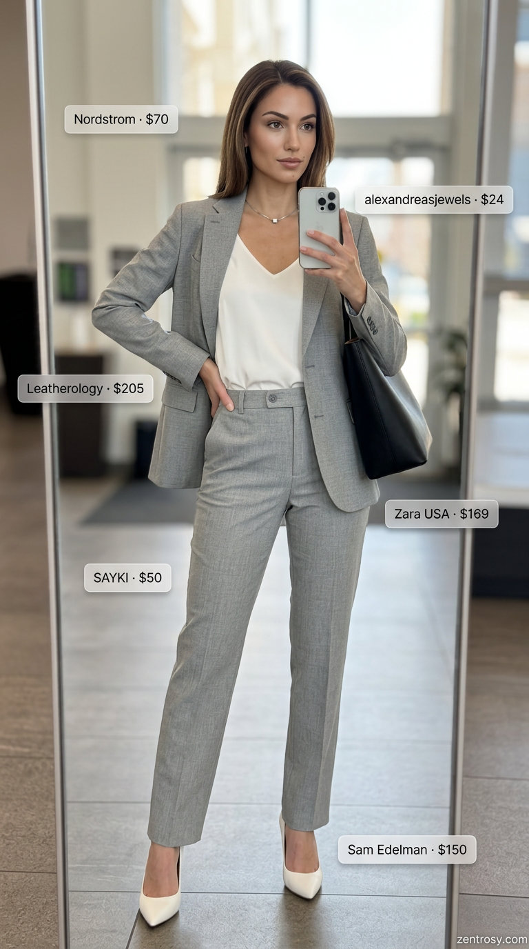 Chic summer office outfit: Light grey power suit, white camisole, silver necklace, black pumps.