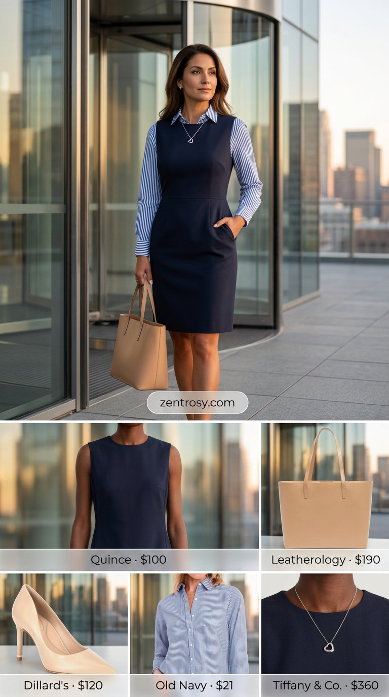 Chic summer office outfit: Navy sheath dress, beige pumps, tan tote, silver pendant.