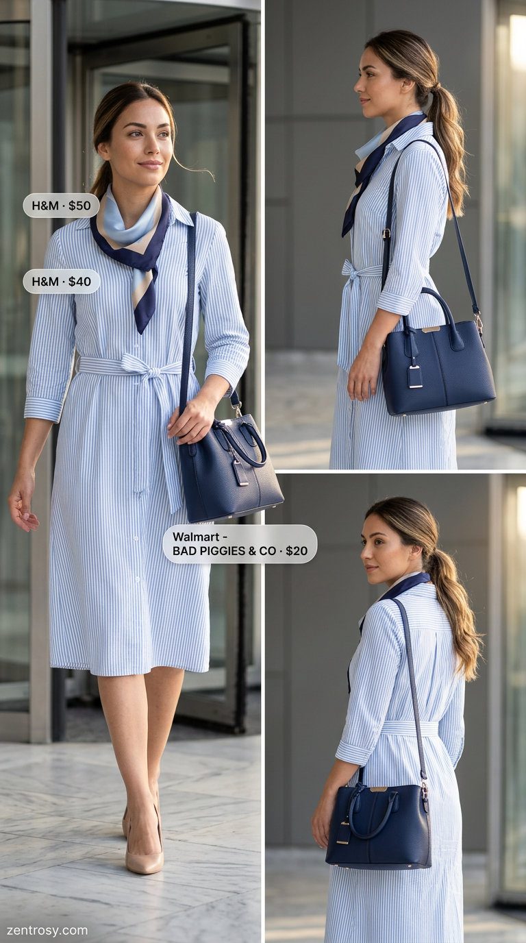 Chic summer office outfits for women 2026: Light blue shirtdress, tan loafers, navy satchel, and silk scarf.