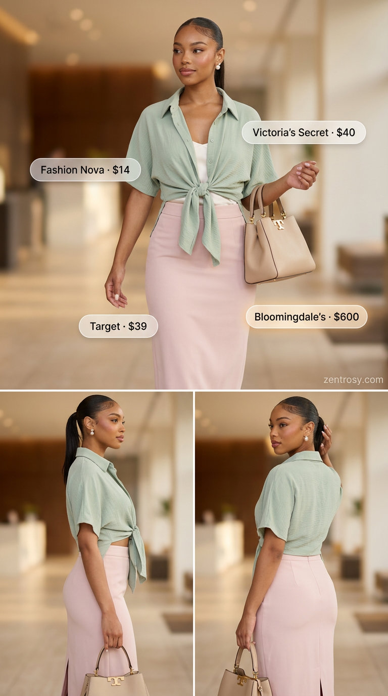 Chic summer office outfits for women 2026: Blush pink pencil skirt suit with ivory camisole and nude heels.