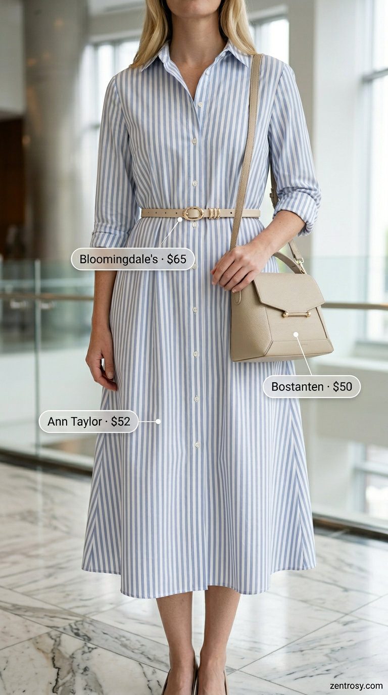 Chic summer office outfits for women 2026: Pale blue striped shirtdress with nude mules and leather watch.