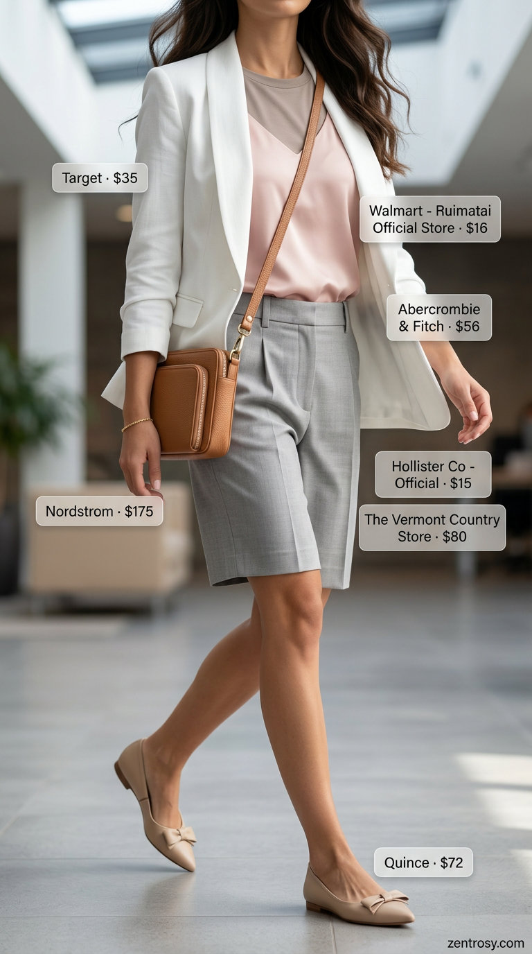 Chic summer office outfits for women 2026: Light grey tailored shorts, blush pink blouse, and white blazer.