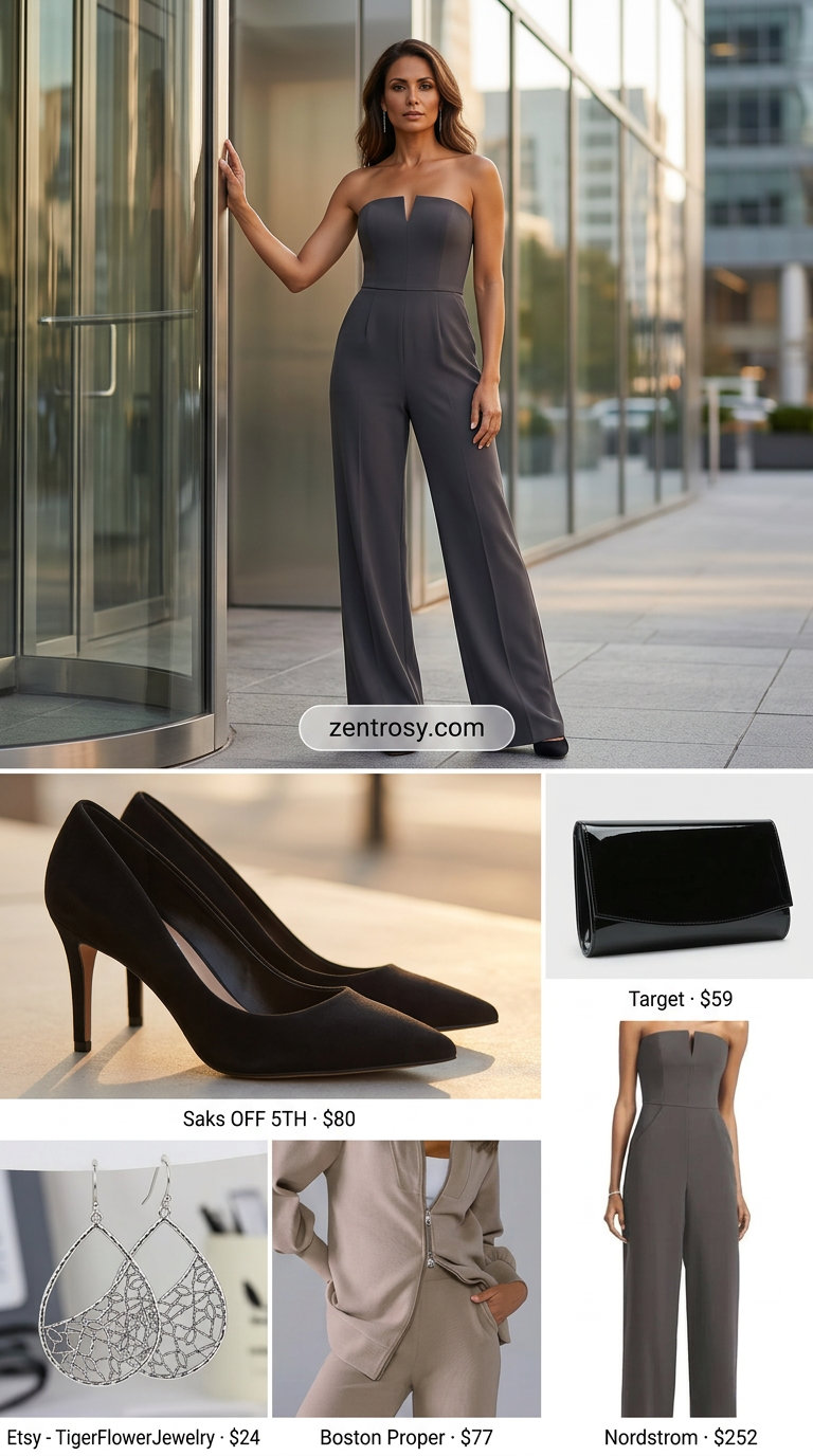 Chic summer office outfits for women 2026: Charcoal grey wide-leg jumpsuit with black heels and silver earrings.