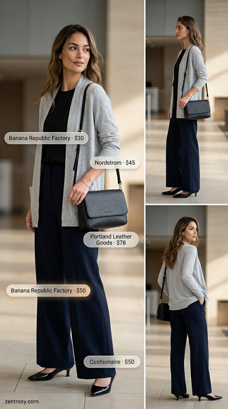 Chic summer office outfit: Navy wide-leg trousers, black shell top, grey cardigan, black kitten heels.