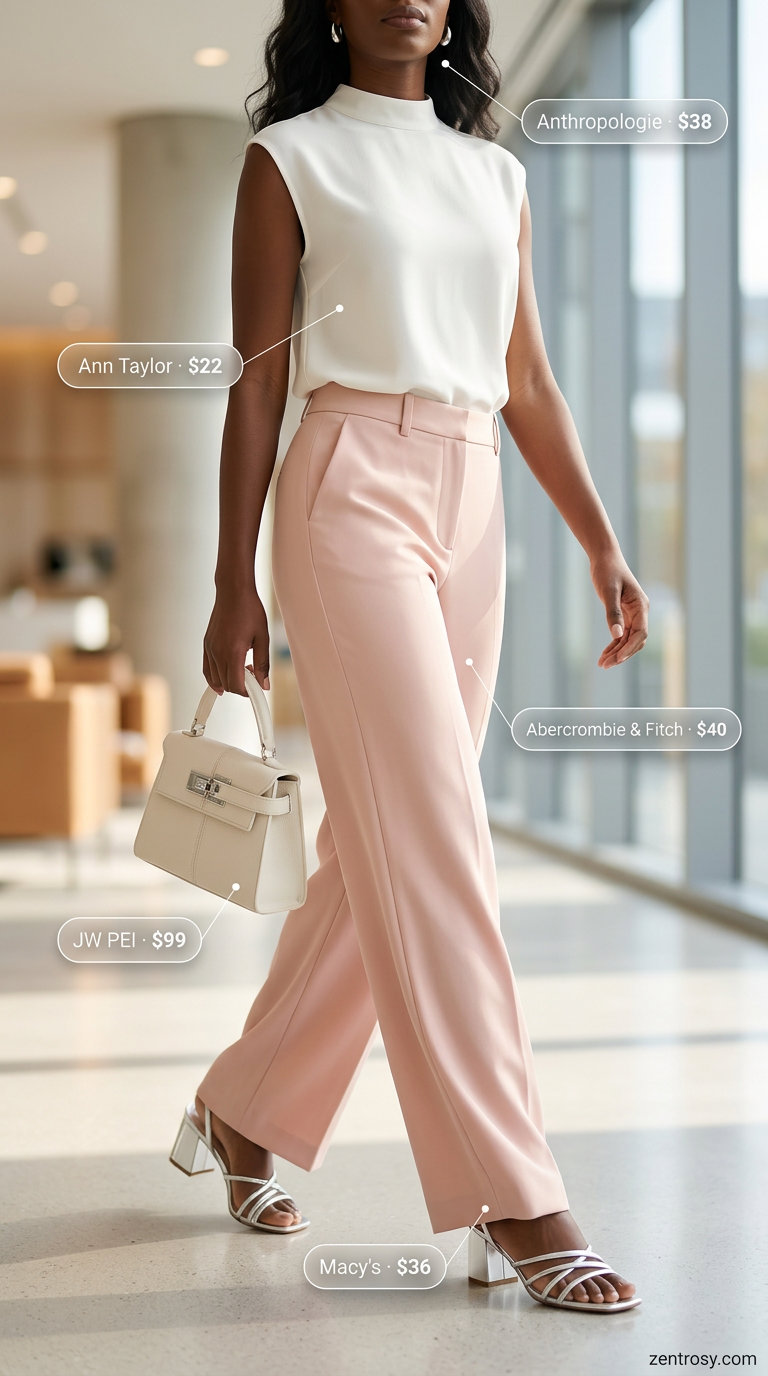 Chic summer office outfits for women 2026: Blush pink wide-leg trousers with ivory top and silver heels.