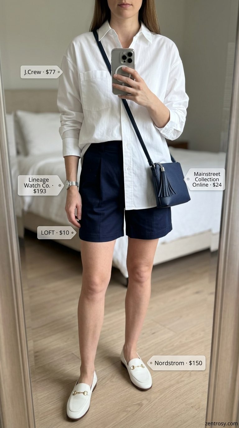 Chic Summer Outfits for Women Over 30 2026: Bermuda Shorts Chic summer outfits for women over 30 2026: Navy Bermuda shorts, white oversized shirt, leather loafers for city exploration.