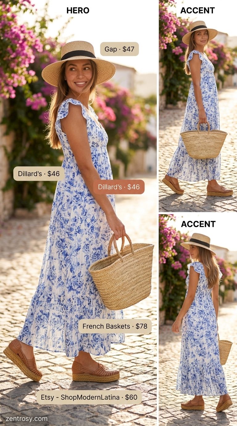 Bohemian Beachside Brunch Outfits 2026 Chic summer outfits for women over 30 2026: Floral maxi dress, straw hat, espadrilles for a bohemian beach brunch.