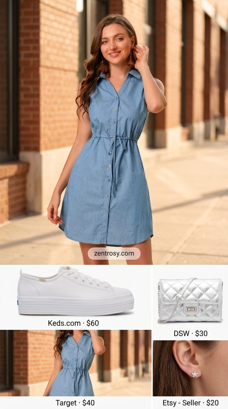 Chic Summer Outfits for Women Over 30 2026: Denim Dress Chic summer outfits for women over 30 2026: Denim mini shirt dress, white sneakers, silver crossbody for casual brunch.