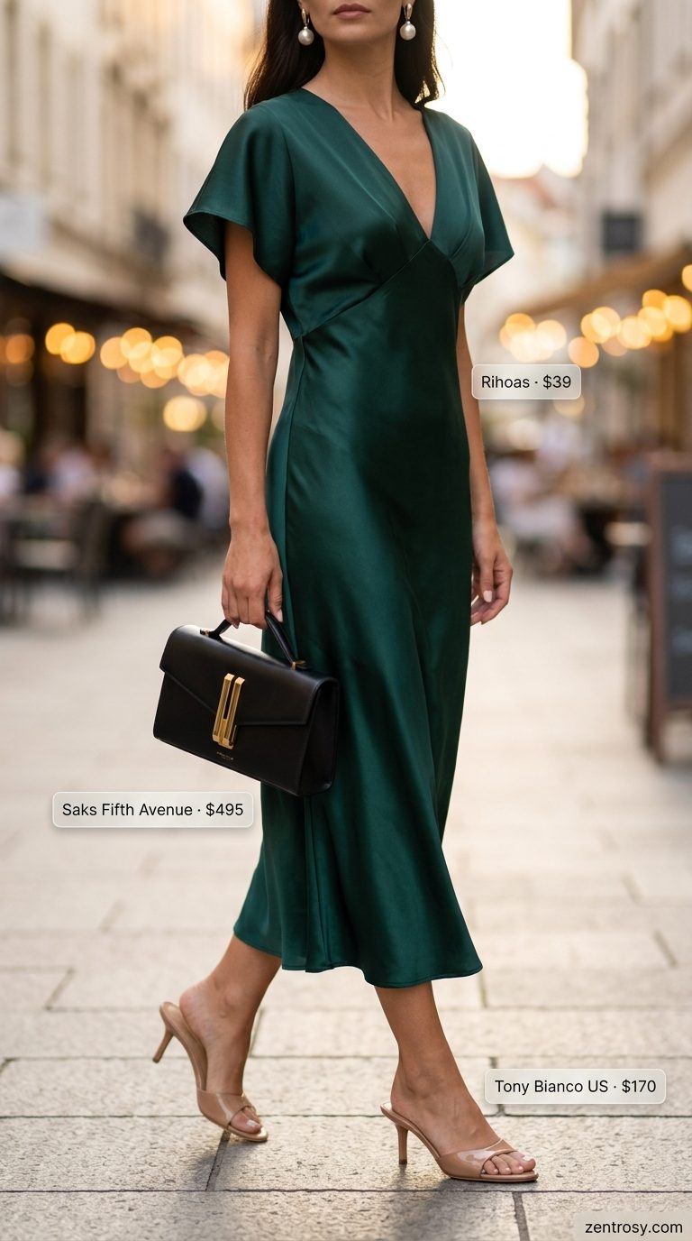 Chic Summer Outfits for Women Over 30 2026: Date Night Dress Chic summer outfits for women over 30 2026: Emerald green midi wrap dress, nude mules, gold pearl earrings for date night.