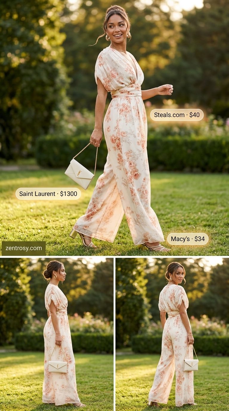 Chic Summer Outfits for Women Over 30 2026: Floral Jumpsuit Chic summer outfits for women over 30 2026: Pink floral wide-leg jumpsuit, gold hoops, block heels for garden parties.