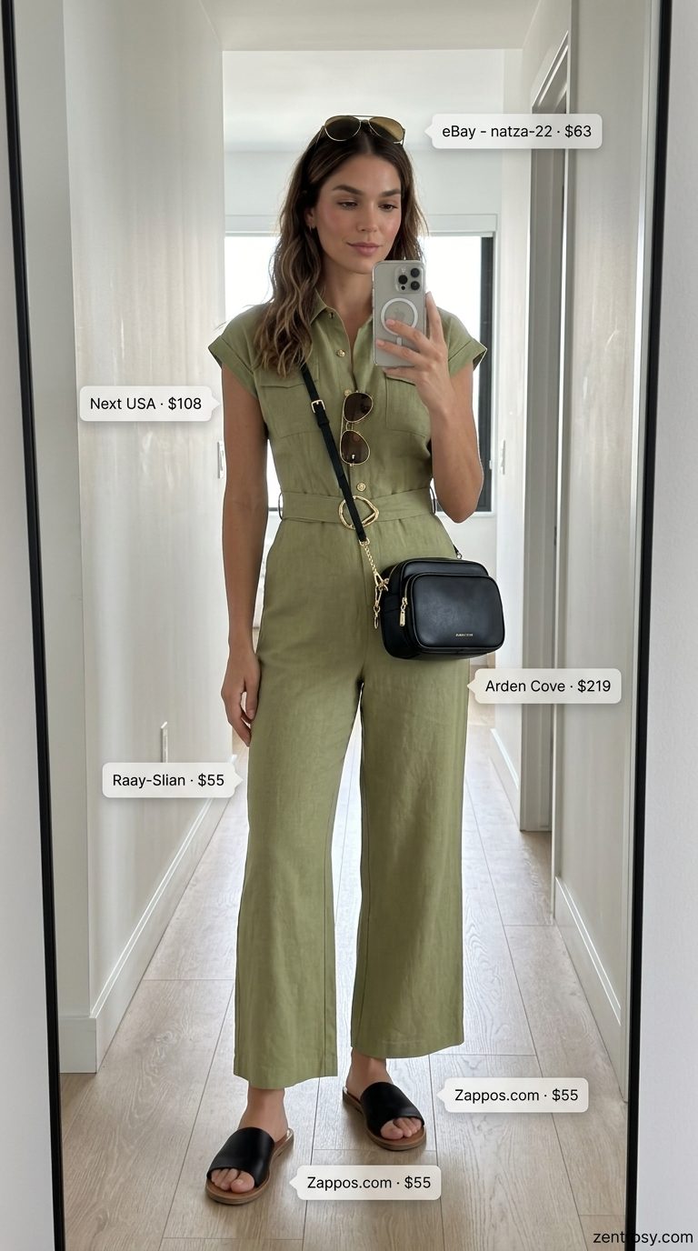 Chic Summer Outfits for Women Over 30 2026: Weekend Jumpsuit Chic summer outfits for women over 30 2026: Khaki utility jumpsuit, black slides, gold aviators for weekend trips.