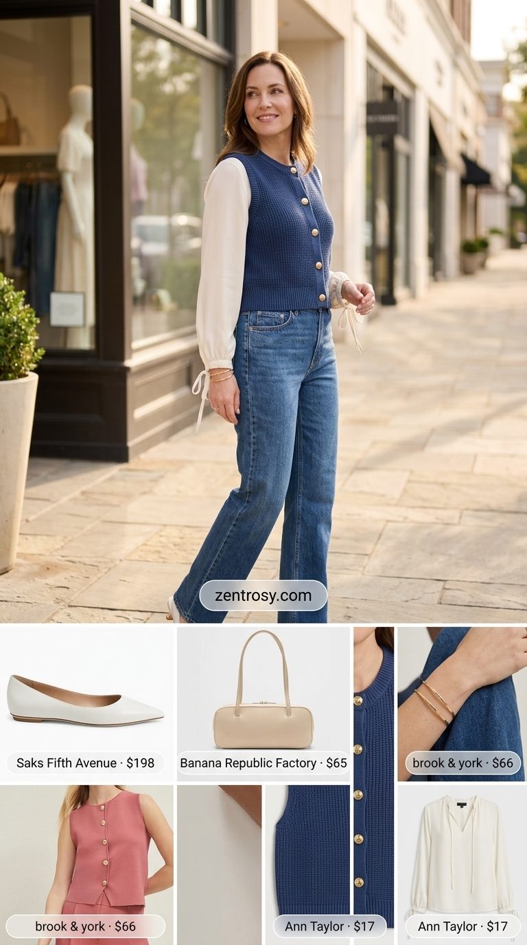 Chic Summer Outfits for Women Over 30 2026: Knit Vest Style Chic summer outfits for women over 30 2026: Indigo jeans, blush knit vest, cream flats for elevated everyday.