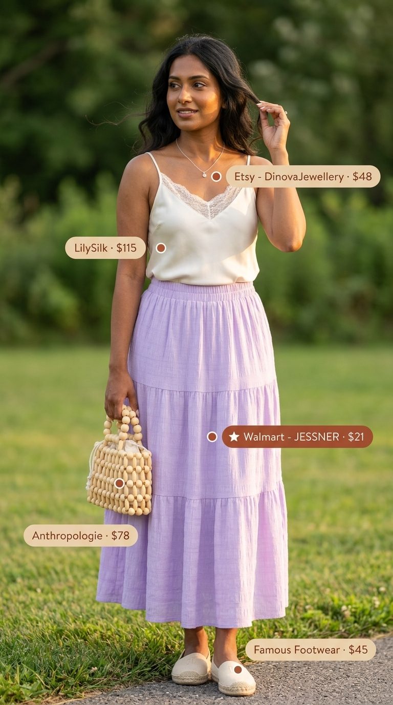 Romantic Lavender Haze Outfits 2026 Chic summer outfits for women over 30 2026: Lavender maxi skirt, white cami, wood bag for a romantic garden party.