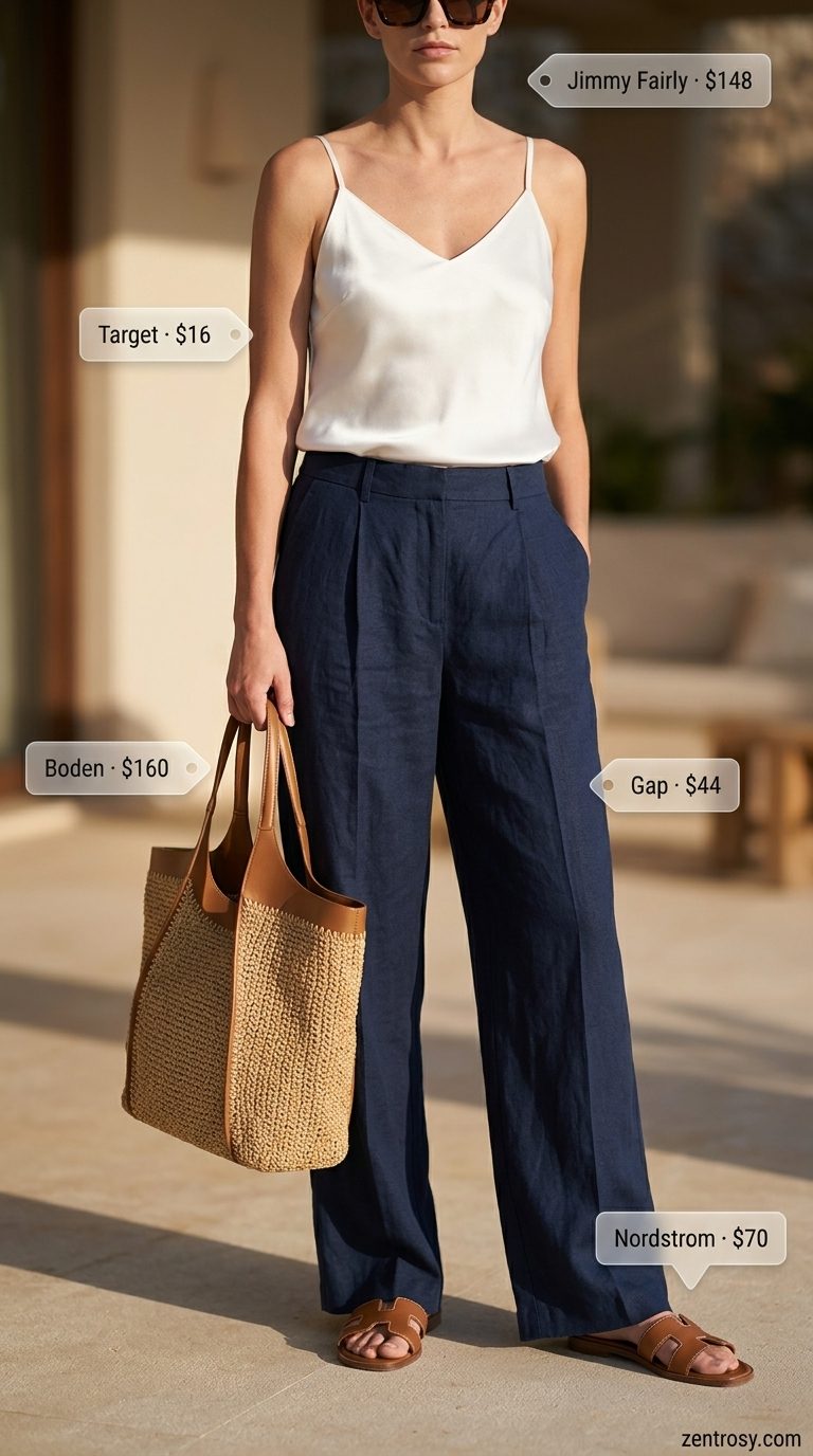 Chic Summer Outfits for Women Over 30 2026: Wide-Leg Pants Chic summer outfits for women over 30 2026: Navy linen pants, white camisole, straw tote for resort wear.