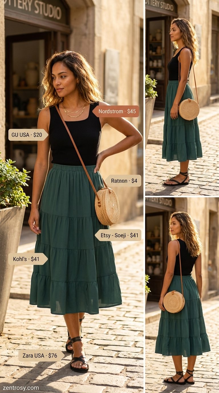 Chic Summer Outfits for Women Over 30 2026: Midi Skirt Style Chic summer outfits for women over 30 2026: Olive green midi skirt, black ribbed tank, gold necklaces for refined style.
