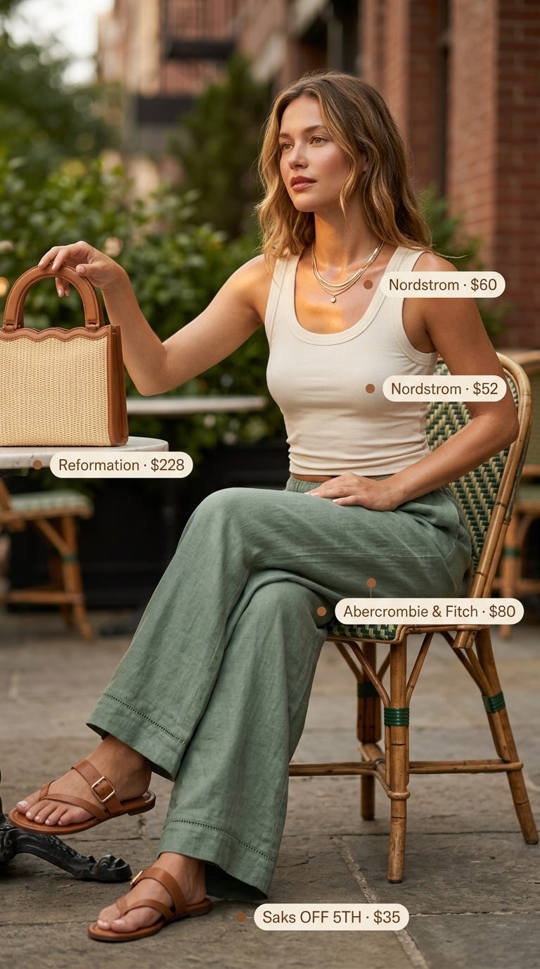 Effortless Riviera Brunch Outfits 2026 Chic summer outfits for women over 30 2026: Sage green linen pants, cream knit top, tan sandals for a relaxed resort lunch.