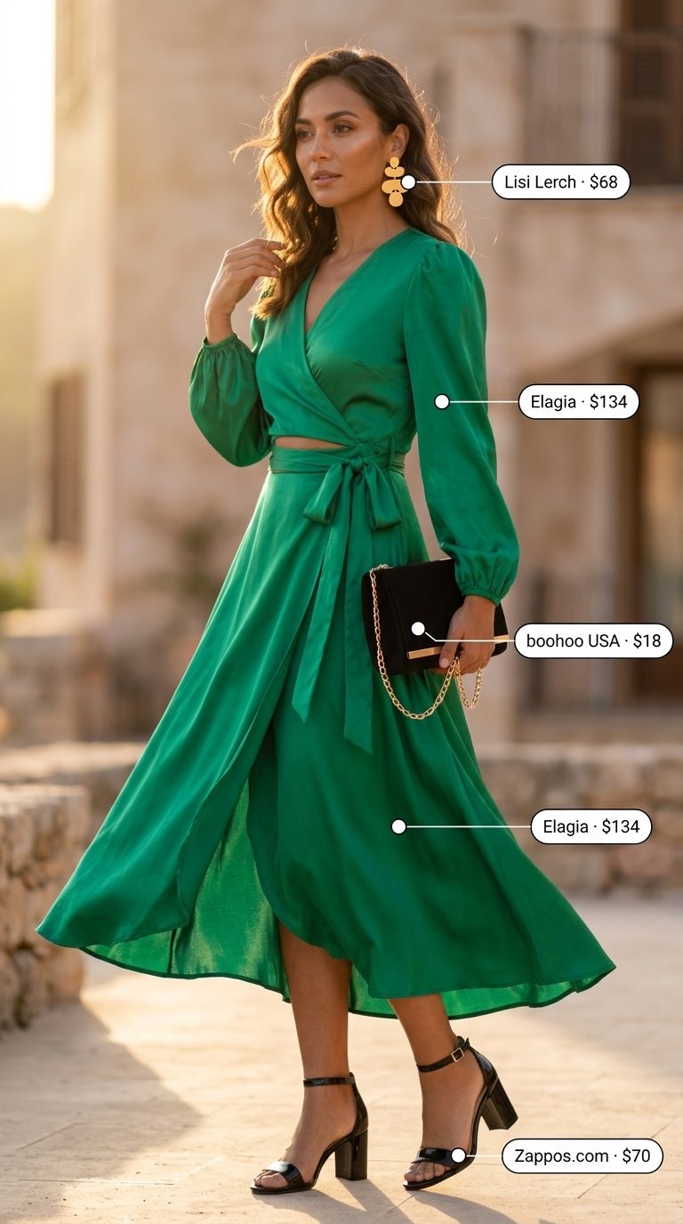 Elegant Sunset Soiree Outfits 2026 Chic summer outfits for women over 30 2026: Emerald green midi dress, gold earrings, black sandals for a summer wedding guest look.