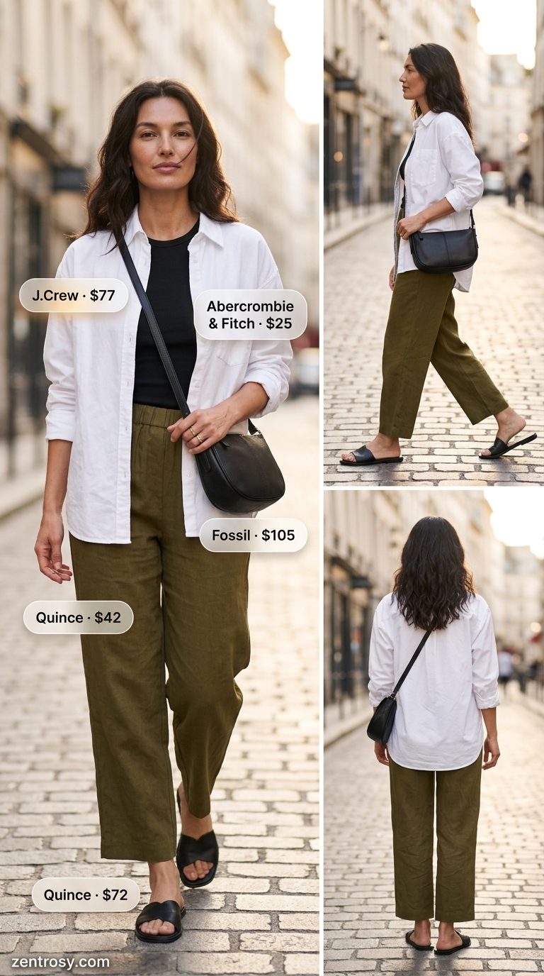 Transitional Sunset Stroll Outfits 2026 Chic summer outfits for women over 30 2026: Khaki linen pants, cream oversized shirt, black tank and sandals for evening stroll.