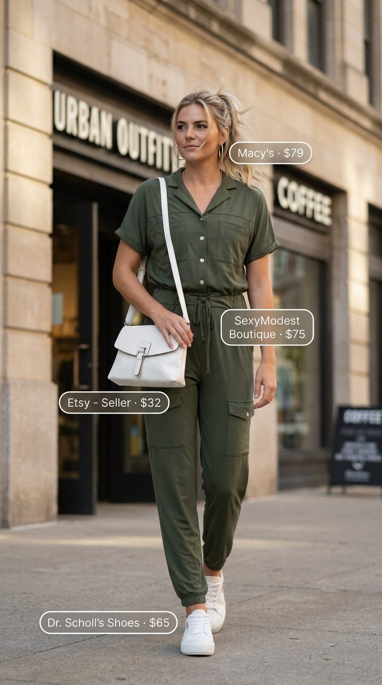 Practical Weekend Wanderer Outfits 2026 Chic summer outfits for women over 30 2026: Khaki utility jumpsuit, white sneakers, silver hoops for a practical weekend look.