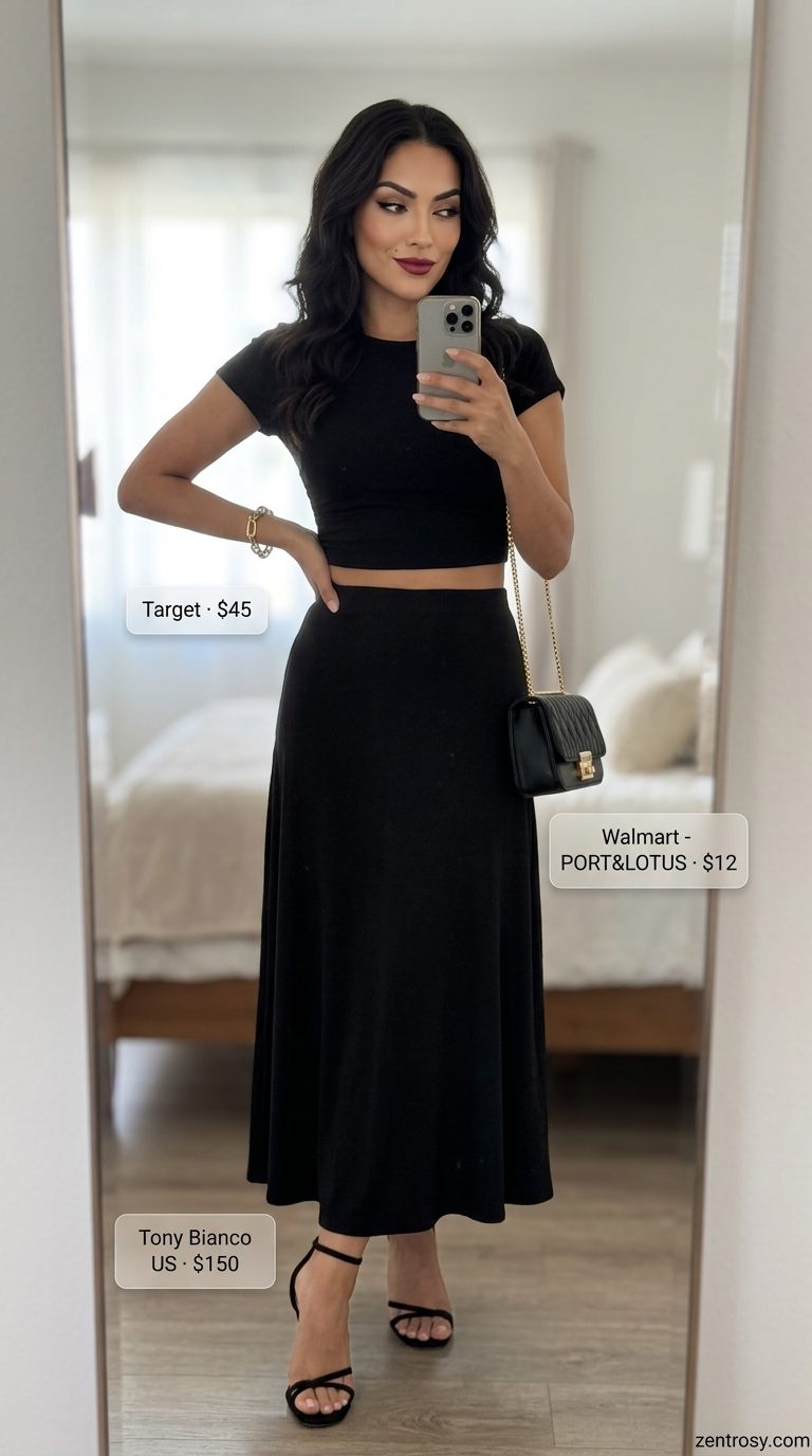 Sleek Chic Summer Outfits for Women Over 30 2026 Chic summer outfits for women over 30 2026: Black ribbed knit matching set, strappy heels, and clutch for a sleek date night.