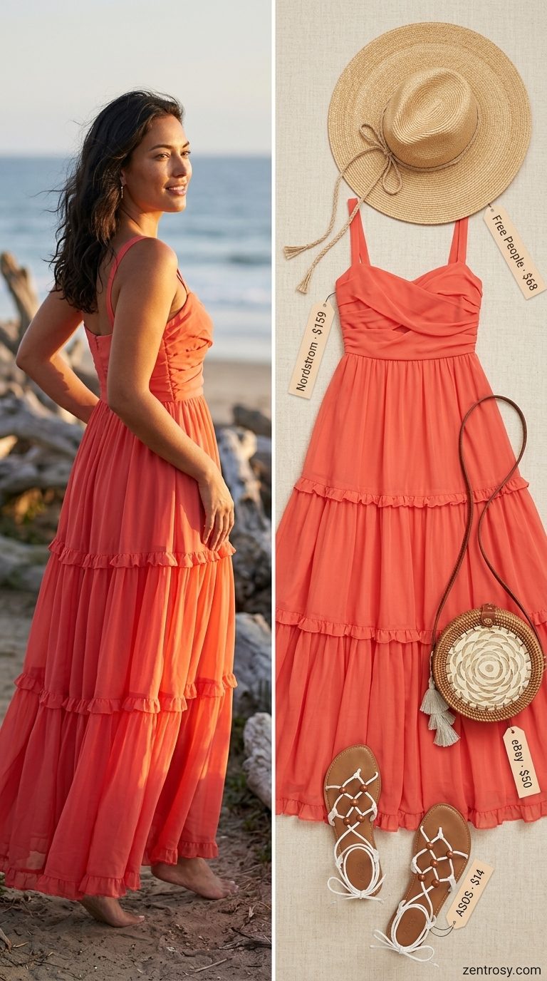 Tropical Resort Chic Summer Outfits for Women Over 30 2026 Chic summer outfits for women over 30 2026: Flowy coral maxi dress, straw hat, and rattan bag for a resort dinner.