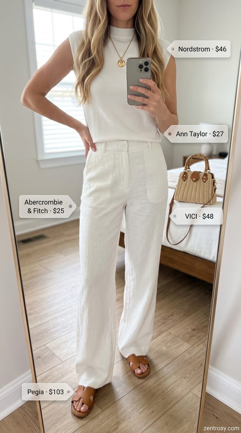 Effortless Chic Summer Outfits for Women Over 30 2026 Chic summer outfits for women over 30 2026: Ivory wide-leg linen pants, knit top, and straw bag for coastal brunch.