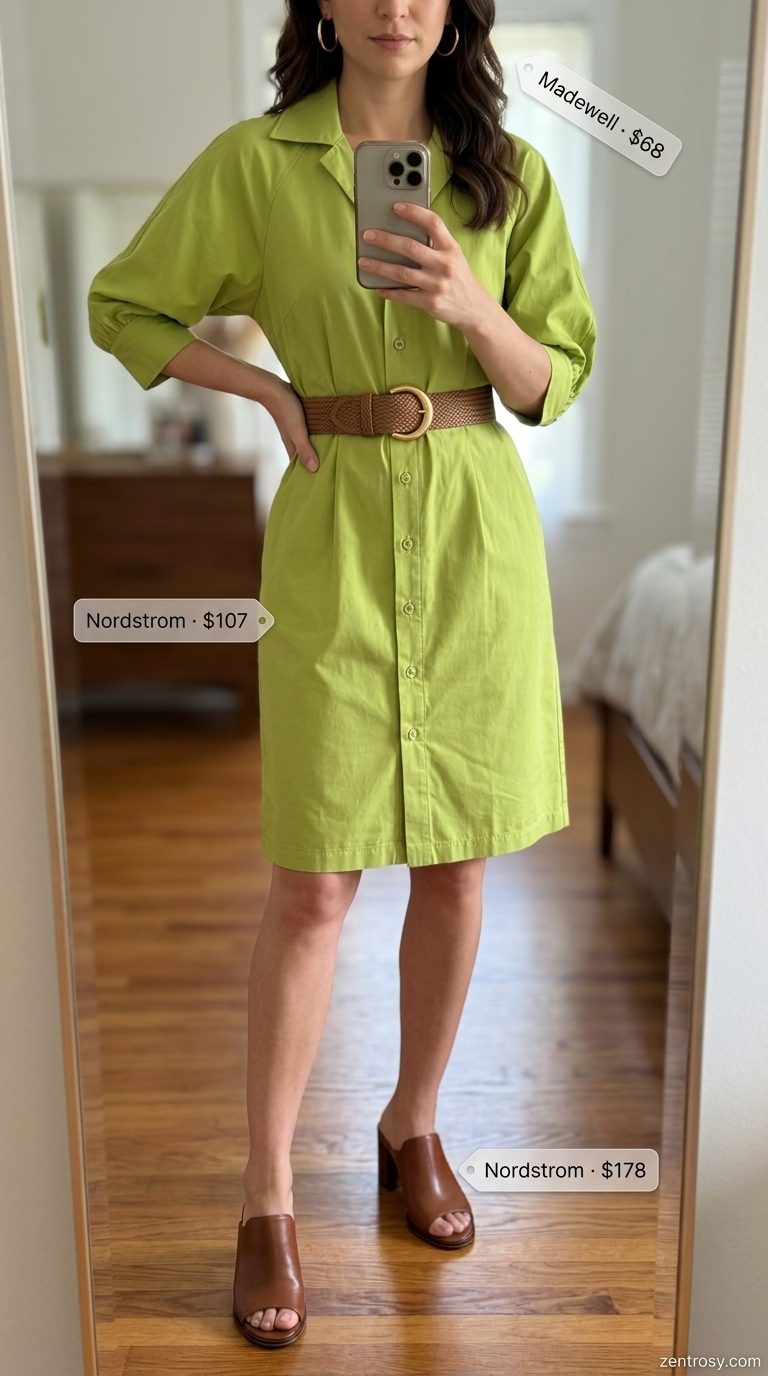 Sophisticated Chic Summer Outfits for Women Over 30 2026 Chic summer outfits for women over 30 2026: Olive green midi shirt dress, cognac mules, and structured tote for a polished look.