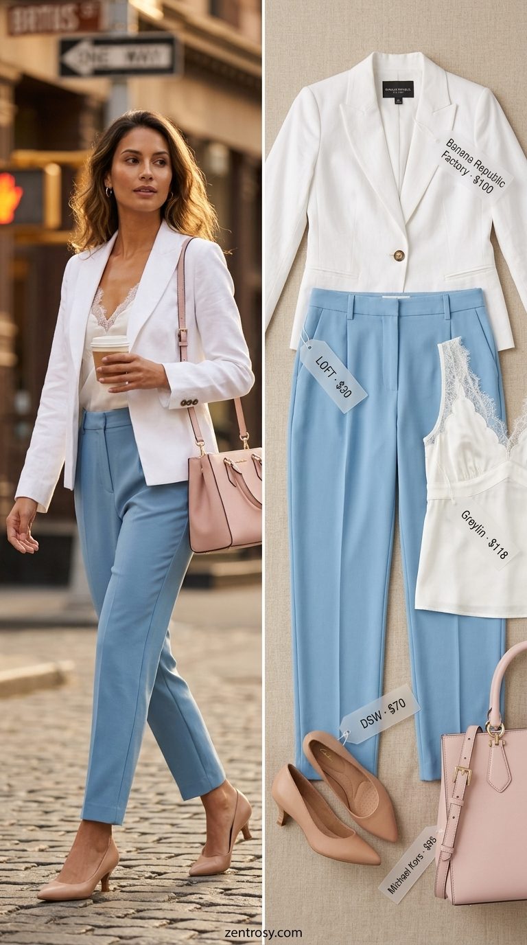 Professional Chic Summer Outfits for Women Over 30 2026 Chic summer outfits for women over 30 2026: Powder blue trousers, white blazer, and silk camisole for business casual.