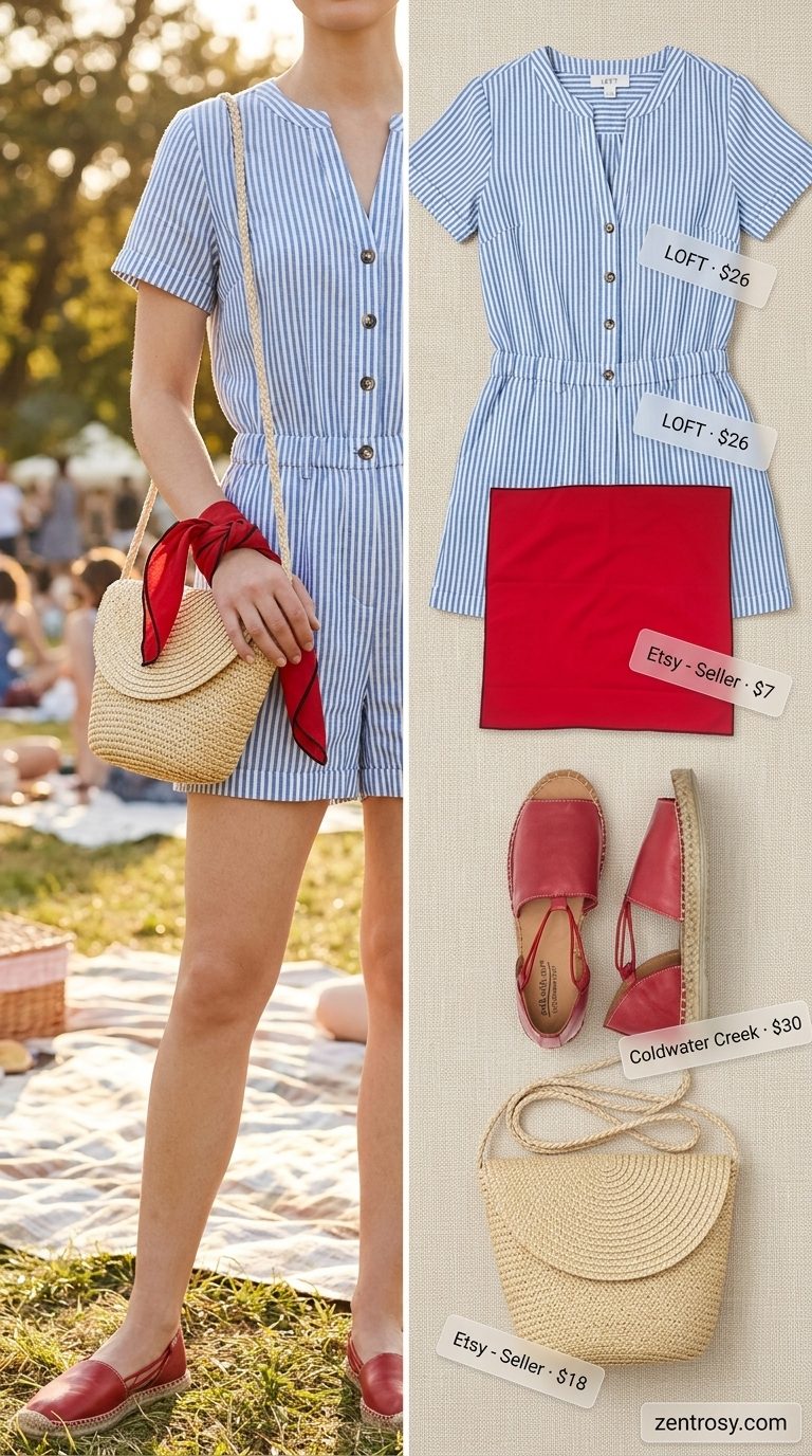 Playful Chic Summer Outfits for Women Over 30 2026 Chic summer outfits for women over 30 2026: Blue stripe linen romper, straw bag, and espadrilles for a playful daytime look.