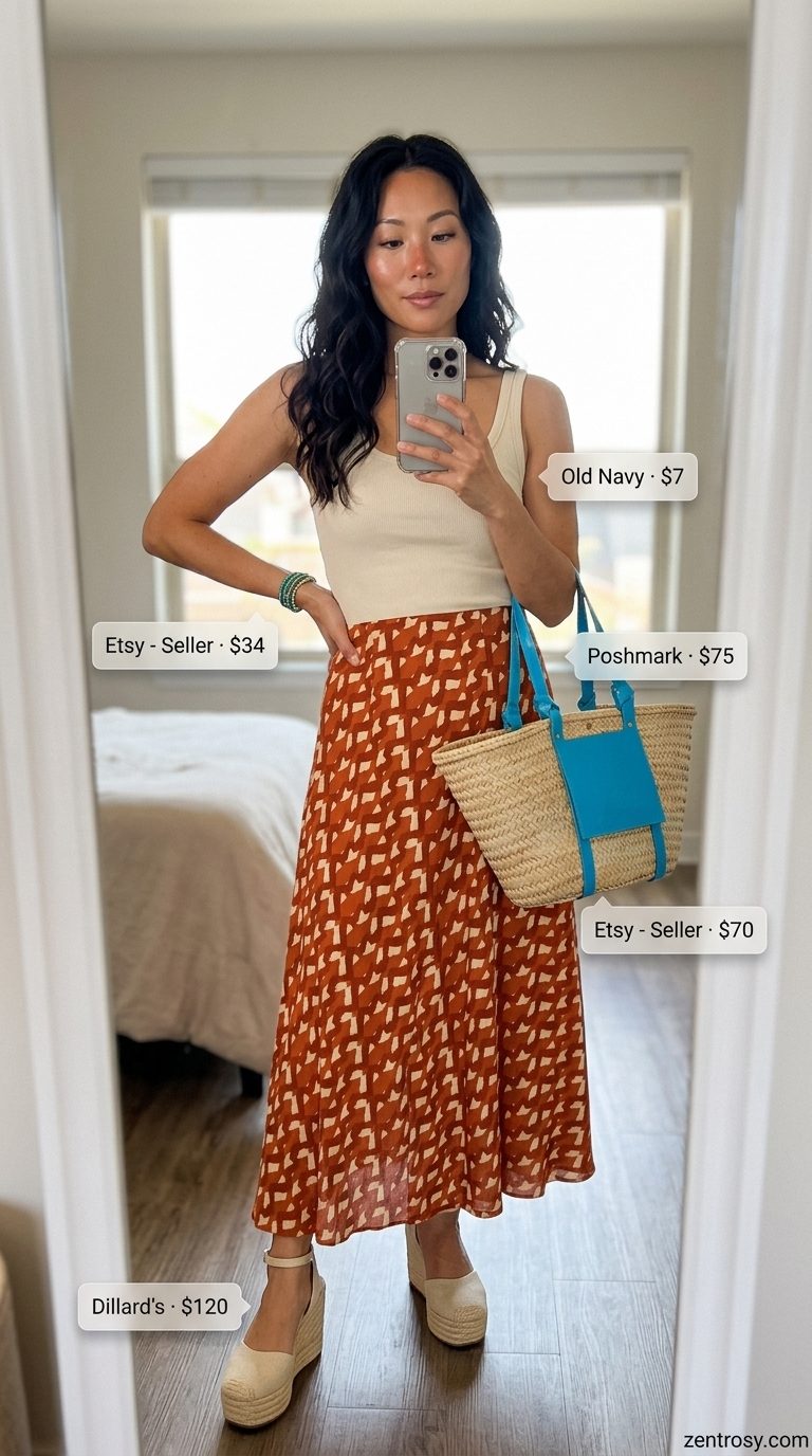 Artistic Chic Summer Outfits for Women Over 30 2026 Chic summer outfits for women over 30 2026: Terracotta print midi skirt, cream tank, and espadrilles for an artistic market look.
