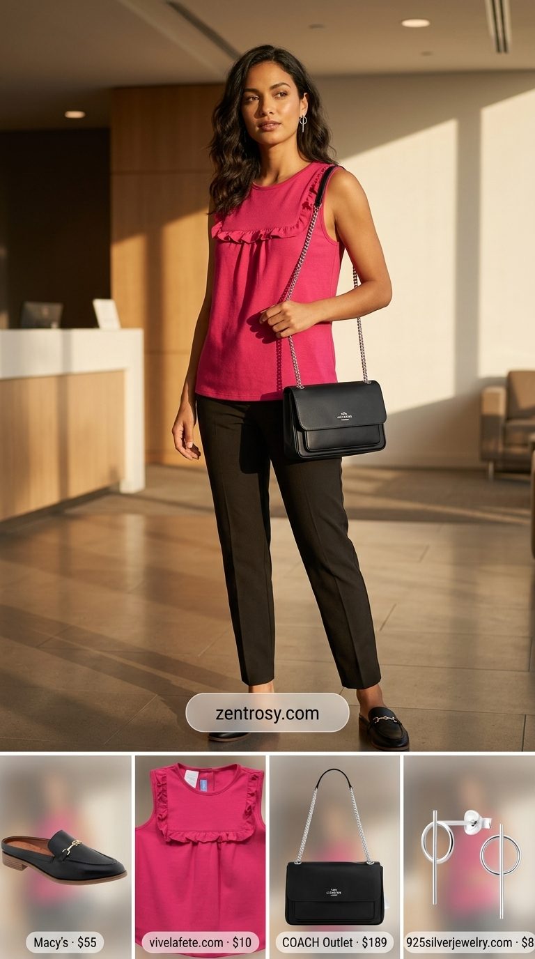 Chic summer work outfits for women 2026: Black pencil skirt, fuchsia top, black mules.