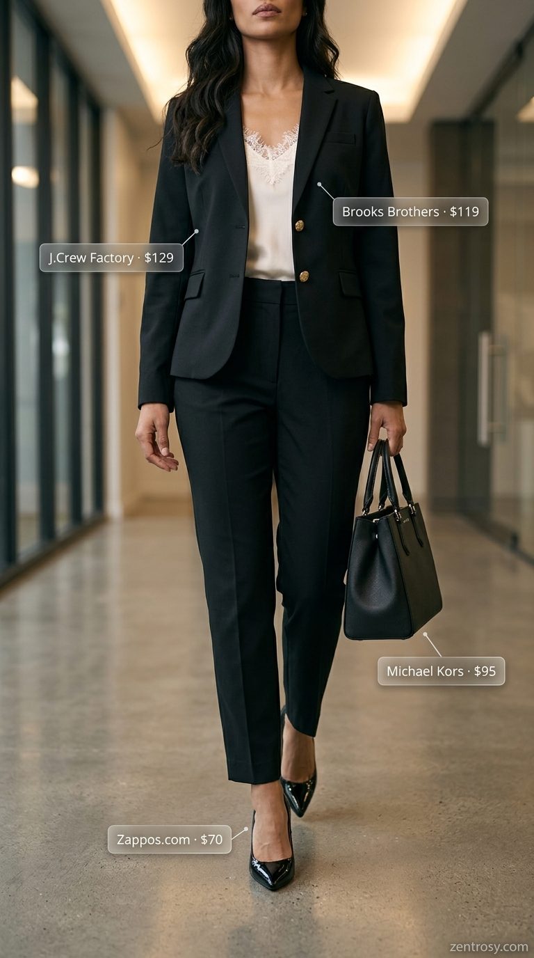 Chic summer work outfits for women 2026: Black blazer, white lace cami, black pencil skirt, silver accents.