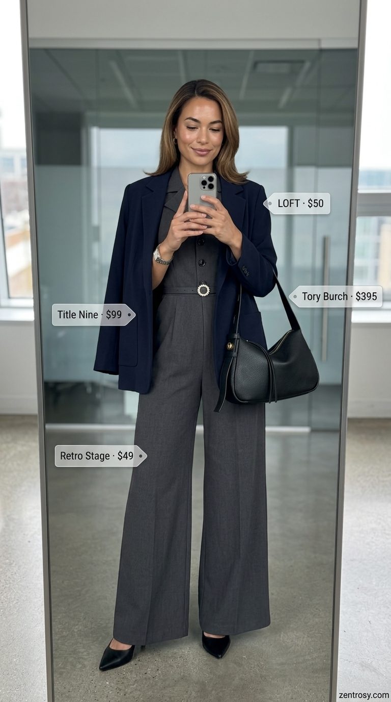 Chic summer work outfits for women 2026: Charcoal jumpsuit, black blazer, silver watch.