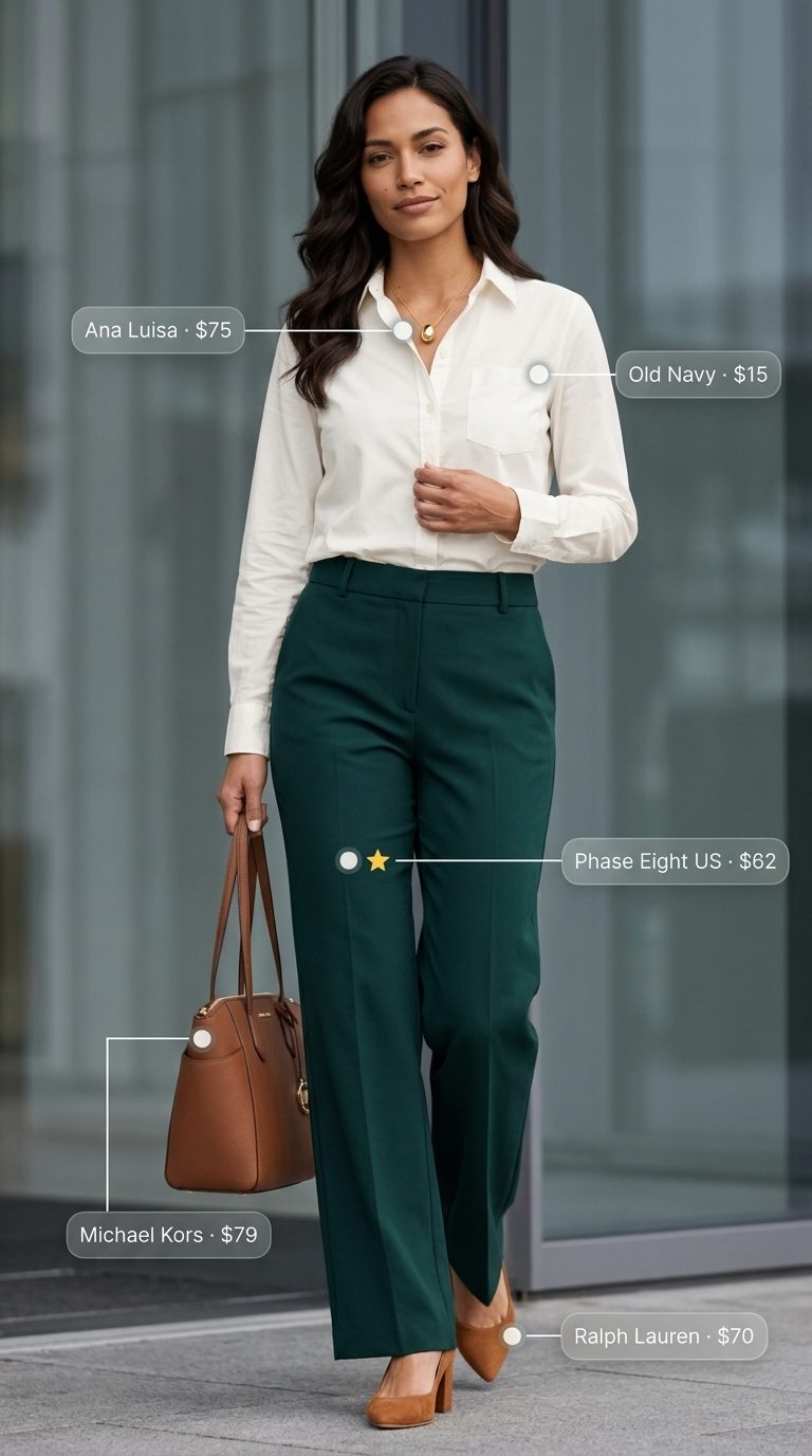 Chic summer work outfits for women 2026: Emerald green pants, white shirt, tan tote & pumps.