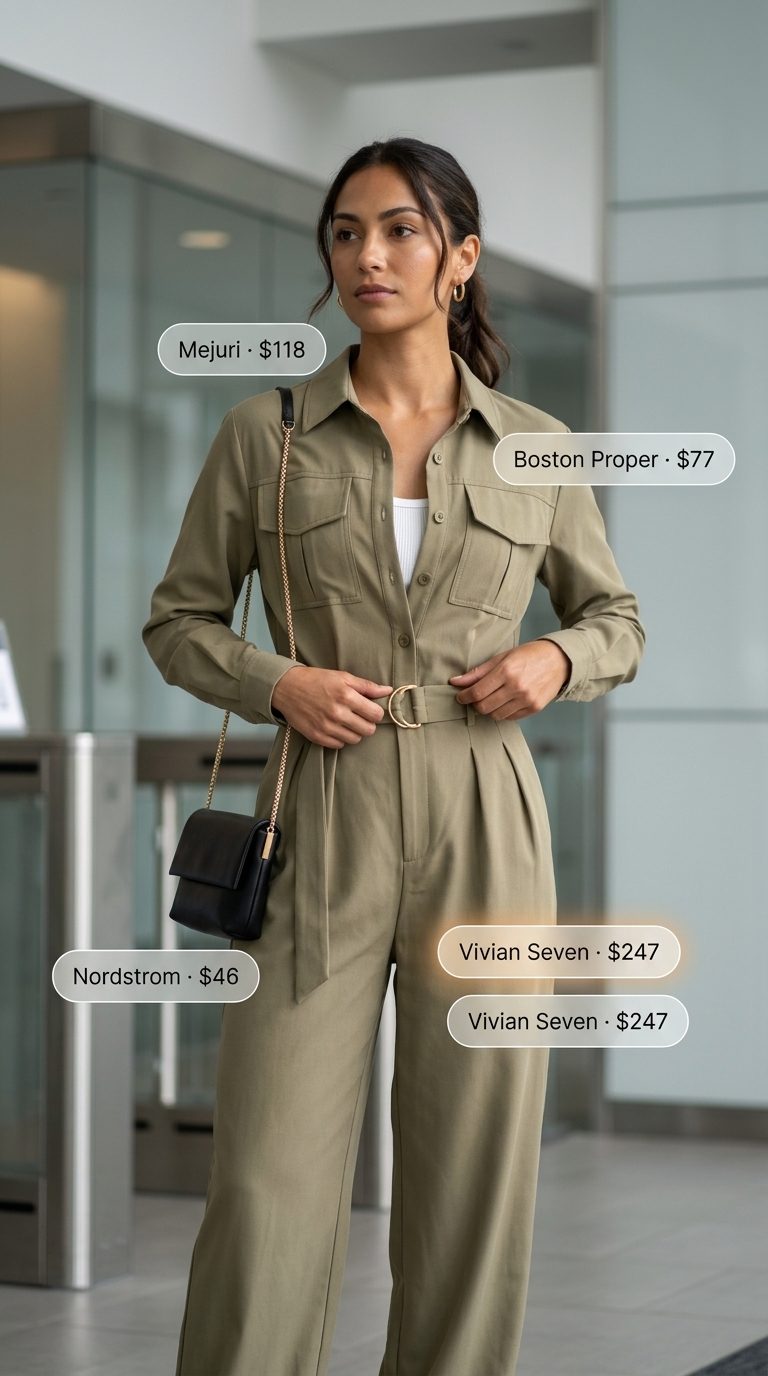 Chic summer work outfits for women 2026: Khaki utility jumpsuit, black loafers, gold hoops.