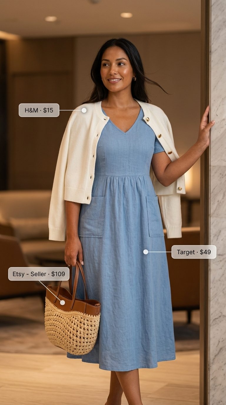 Chic summer work outfits for women 2026: Sky blue linen dress, cream cardigan, and straw tote for coastal business casual.