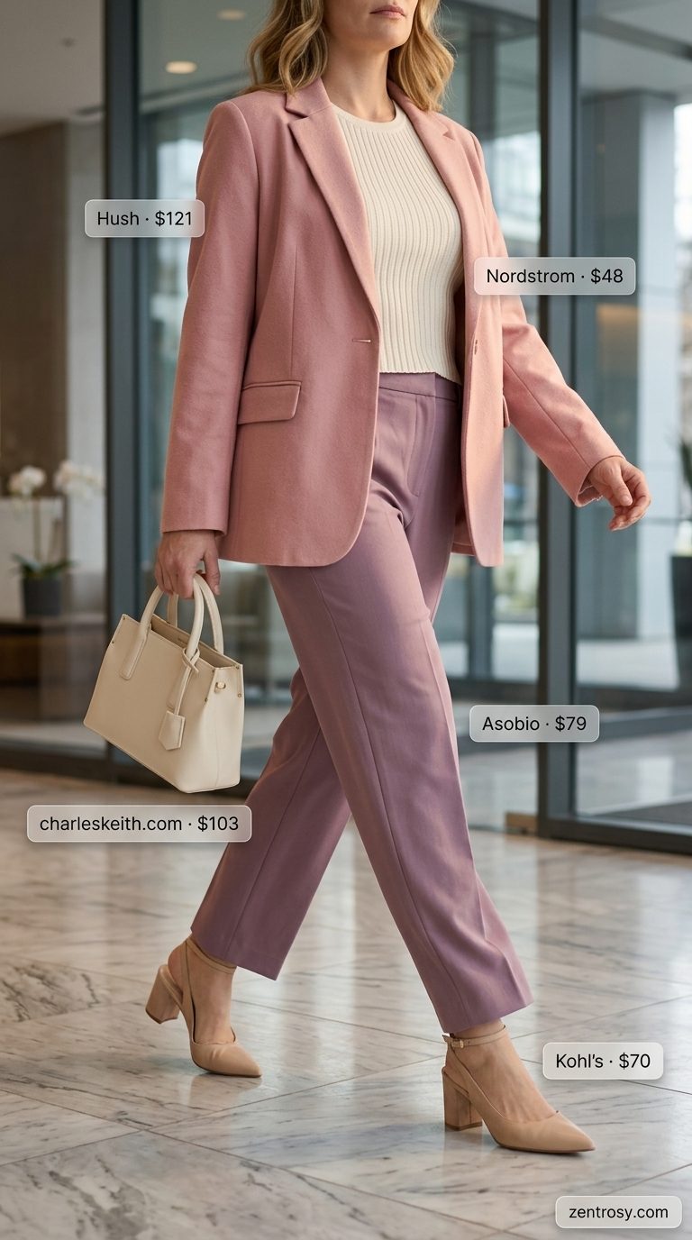 Chic summer work outfits for women 2026: Mauve trousers & blazer, cream knit top, nude pumps.