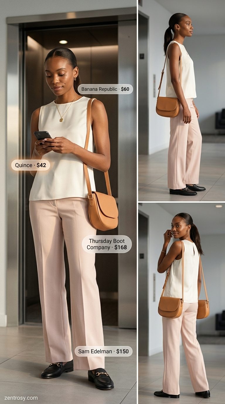 Chic summer work outfits for women 2026: Black A-line midi skirt, white shell top, and gold jewelry for a minimalist office look.