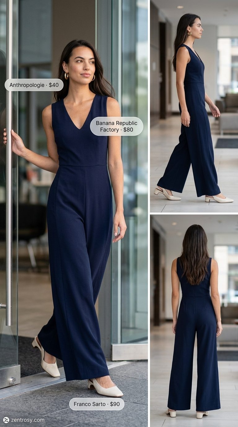 Chic summer work outfits for women 2026: Navy wide-leg jumpsuit, cream heels, cognac bag.