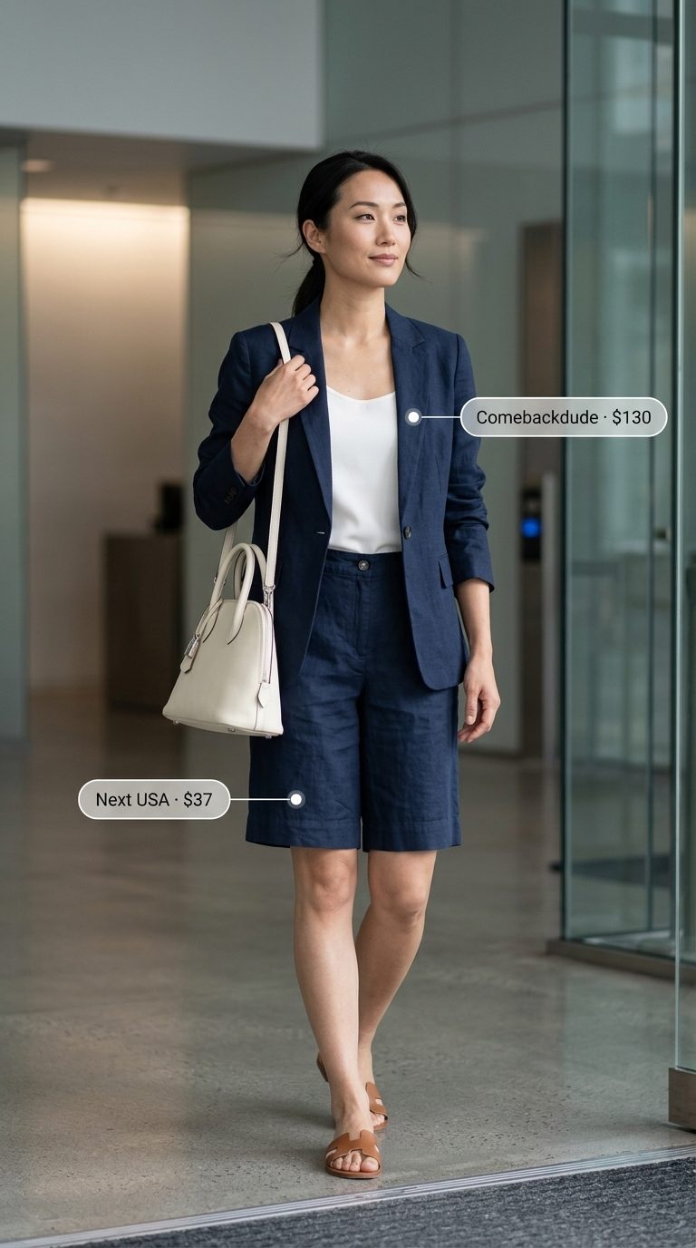 Chic summer work outfits for women 2026: Navy shorts suit, white cami, white bag, silver accents.