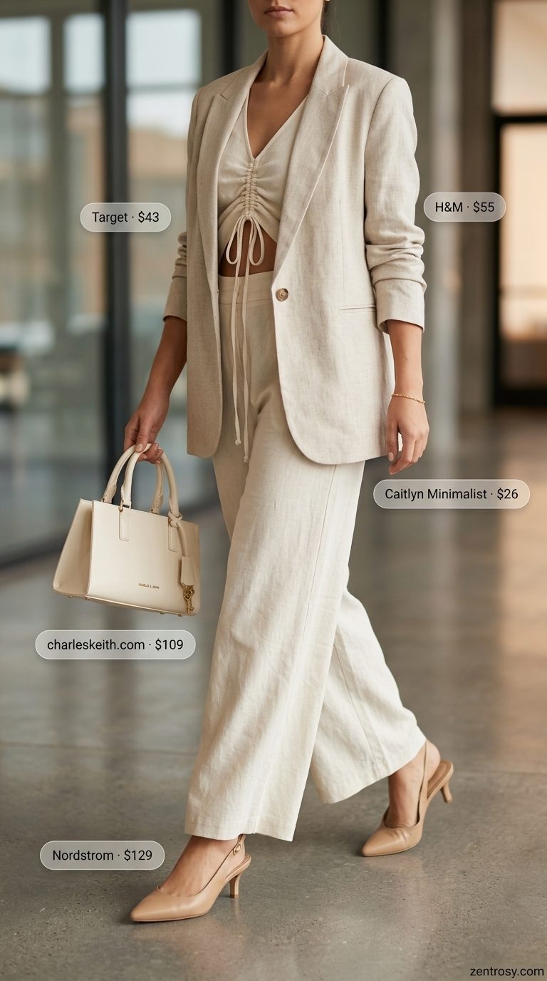 Chic summer work outfits for women 2026: Peach linen set, cream blazer, gold bracelet, nude heels.