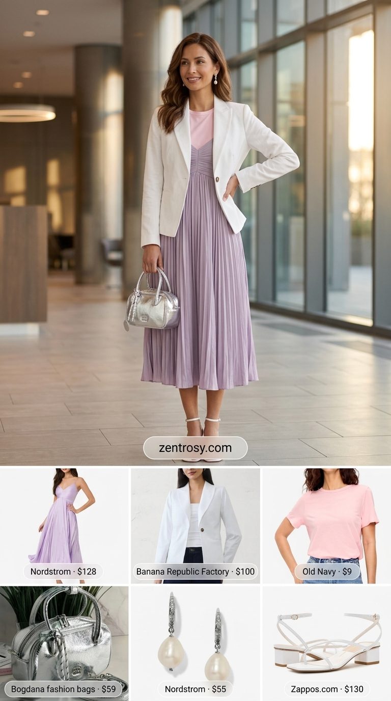 Chic summer work outfits for women 2026: Muted lavender pleated dress, white blazer, and silver bag for a feminine office look.