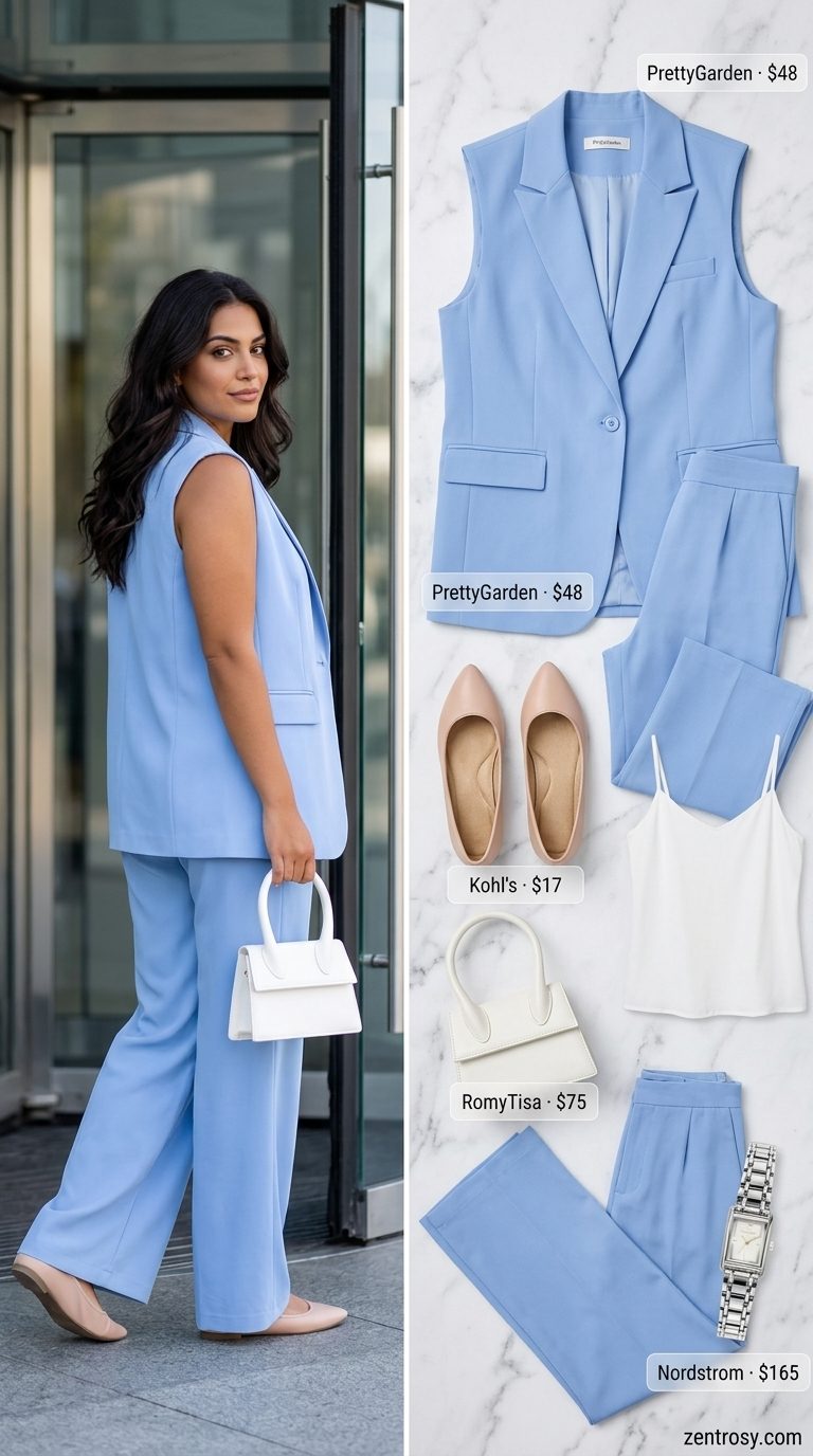 Chic summer work outfits for women 2026: Powder blue linen matching set with white accents for a fresh office look.
